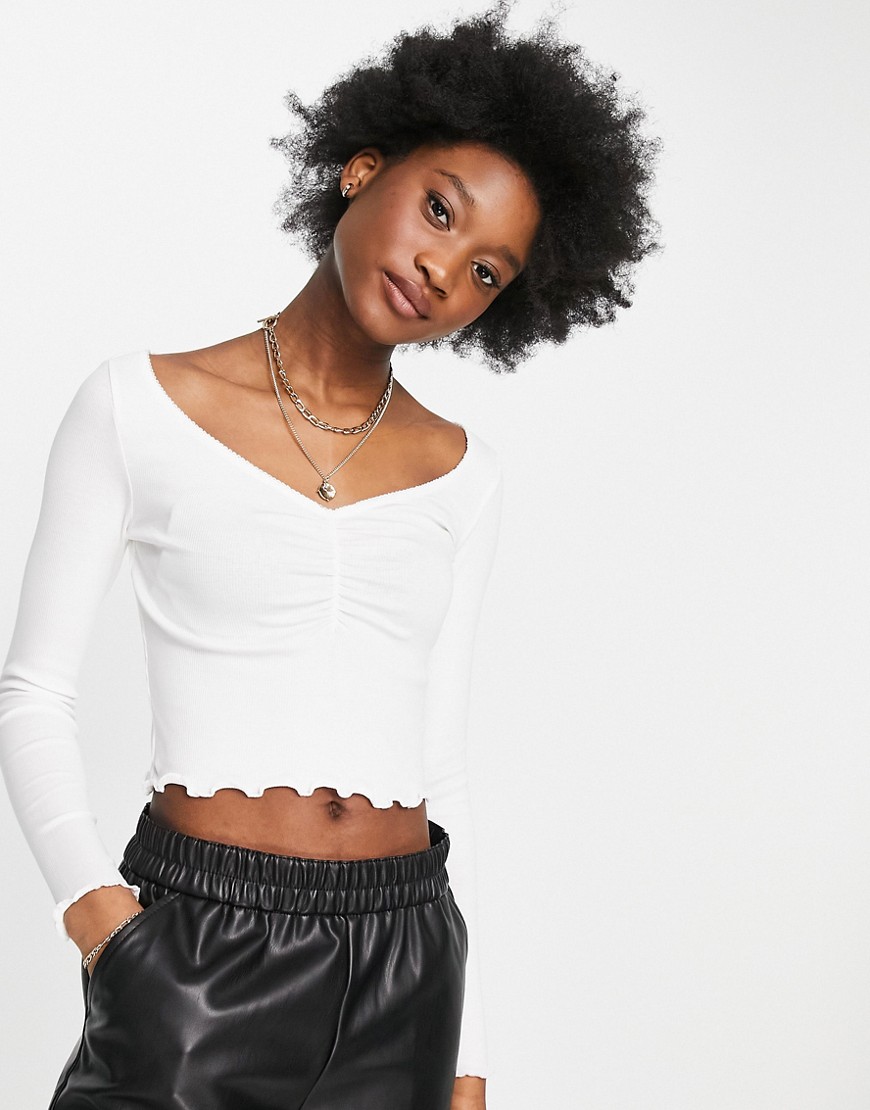 Monki Paula organic cotton ruched long sleeve top in white