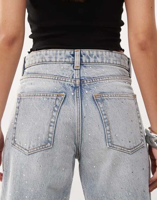 Monki - Paz - Lyseblå jeans med mellemhøj talje og løstsiddende pasform samt vide ben og udsmykninger, 4 af 5