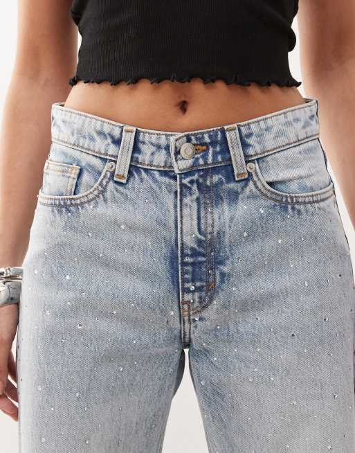 Monki - Paz - Lyseblå jeans med mellemhøj talje og løstsiddende pasform samt vide ben og udsmykninger, 5 af 5