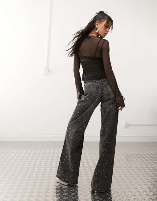 Monki Paz mid waist loose wide leg embellished jeans in black, 3 of 5
