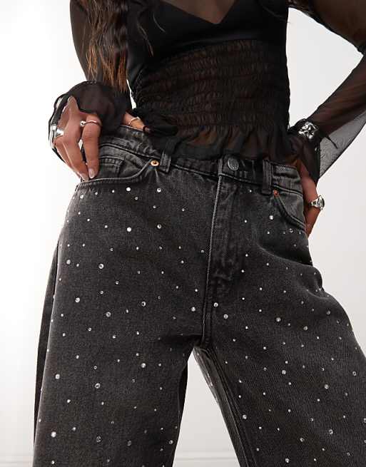 Monki Paz mid waist loose wide leg embellished jeans in Monki Paz mid waist loose wide leg embellished jeans in