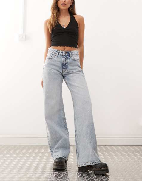 Monki Paz mid waist loose wide leg embellished jeans in light blue - view 1
