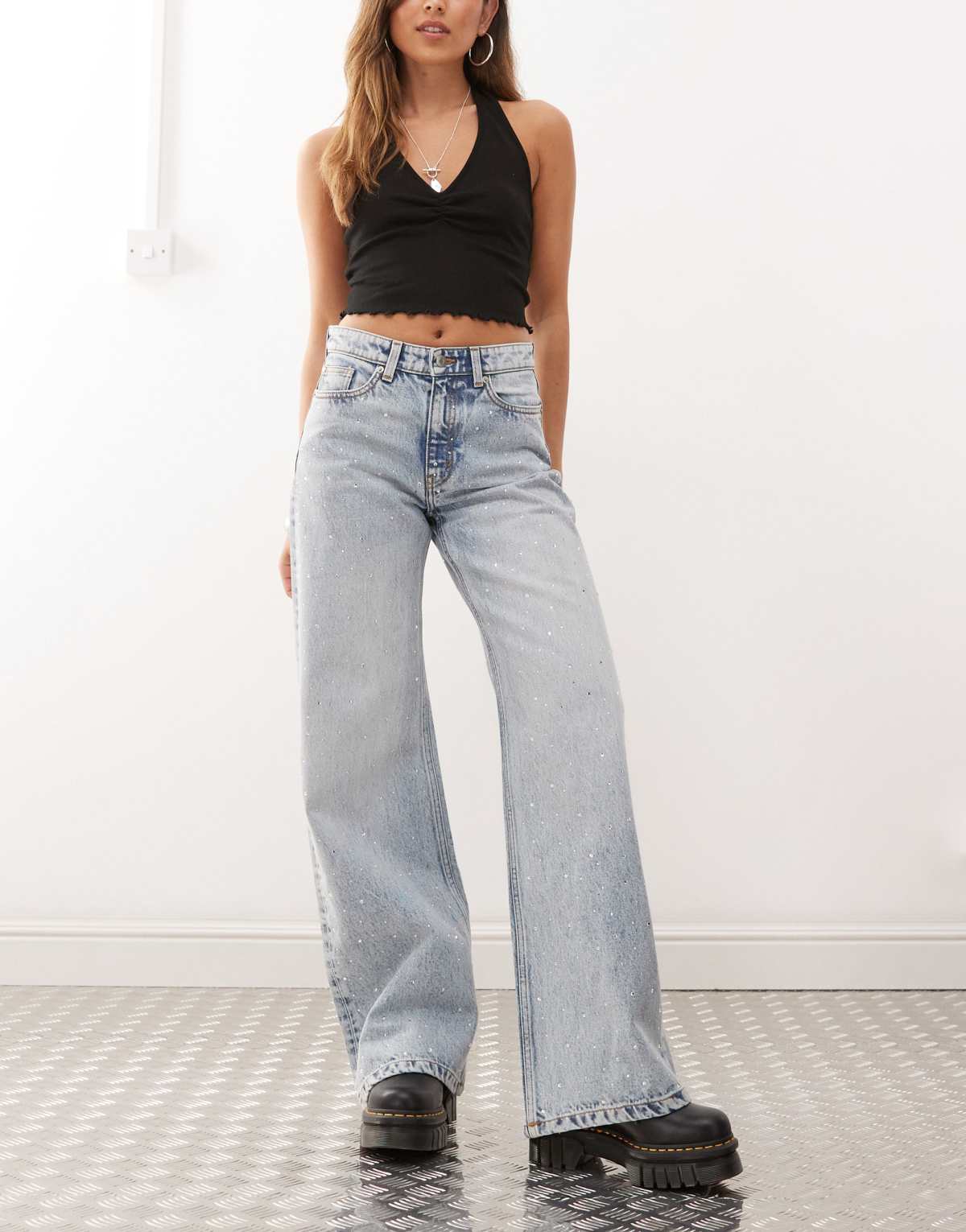 Monki Paz mid waist loose wide leg embellished jeans in light blue