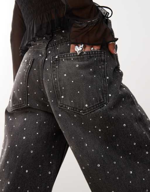 Monki - Paz - Sorte løstsiddende jeans med mellemhøj talje, vide ben og udsmykning, 2 af 5