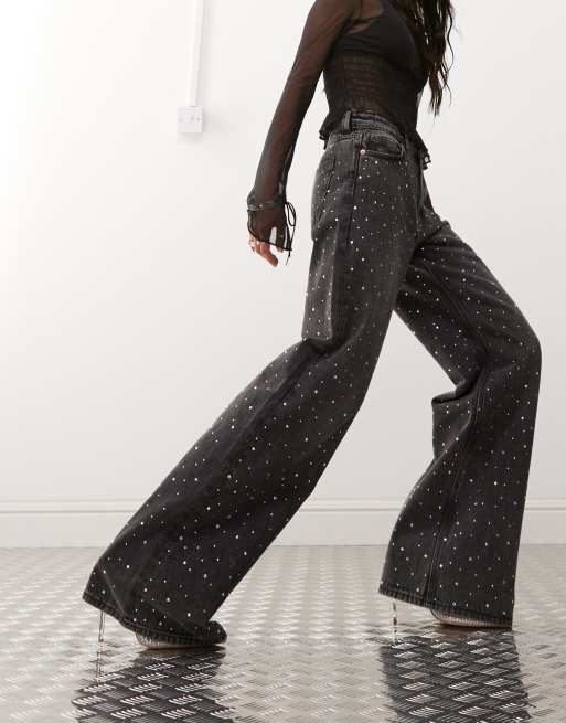 Monki - Paz - Sorte løstsiddende jeans med mellemhøj talje, vide ben og udsmykning, 4 af 5
