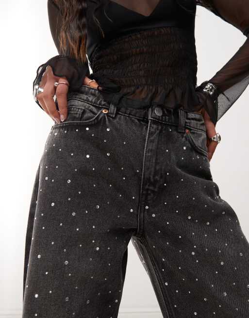 Monki - Paz - Sorte løstsiddende jeans med mellemhøj talje, vide ben og udsmykning, 5 af 5