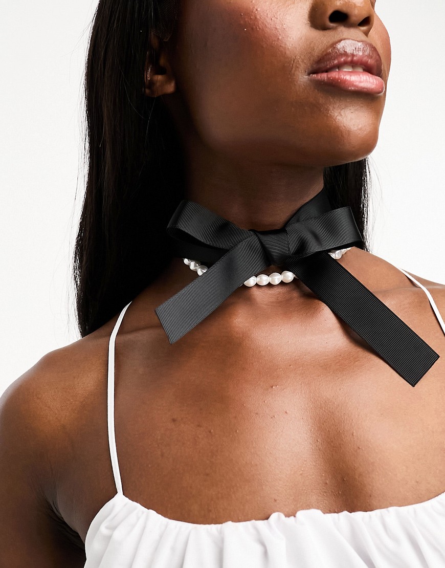 Monki Pearl Layered Ribbon Choker Necklace In White And Black-multi