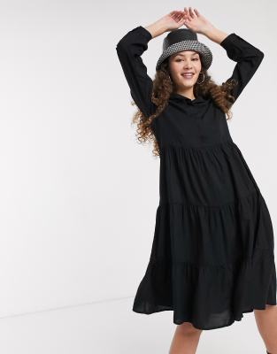 Monki Pearl long sleeve trapeze shirt dress in black