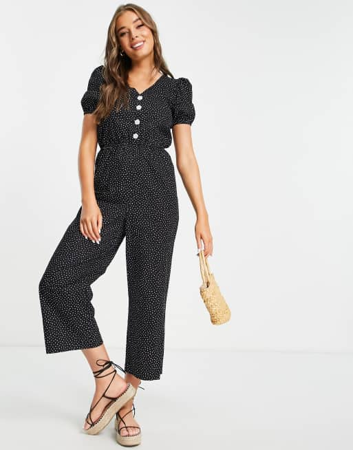 Monki Peg jumpsuit with puff sleeves in black spot print | ASOS