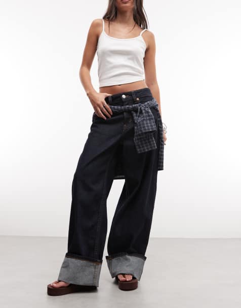 Monki Peggy fold up loose fit jeans in indigo blue wash - view 1