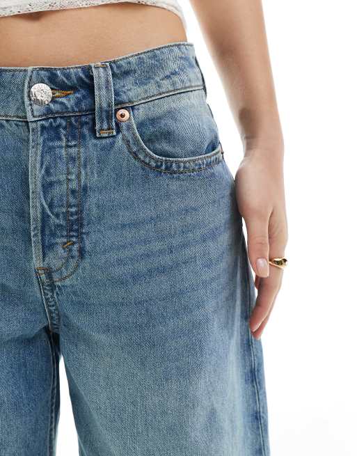 Monki peggy low waist baggy denim shorts in mid blue wash 