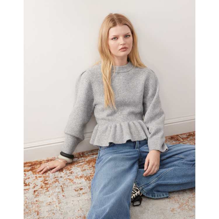 なーさん用 heve Arch Peplum knit charcoal Monki peplum ruffle knit sweater in heather gray | ASOS