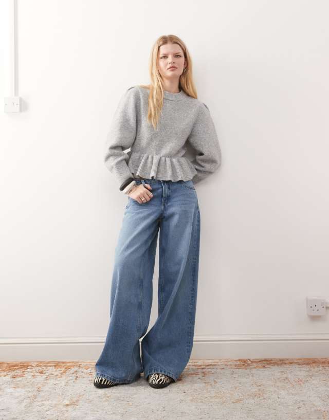 Monki peplum ruffle knit sweater in heather gray | ASOS