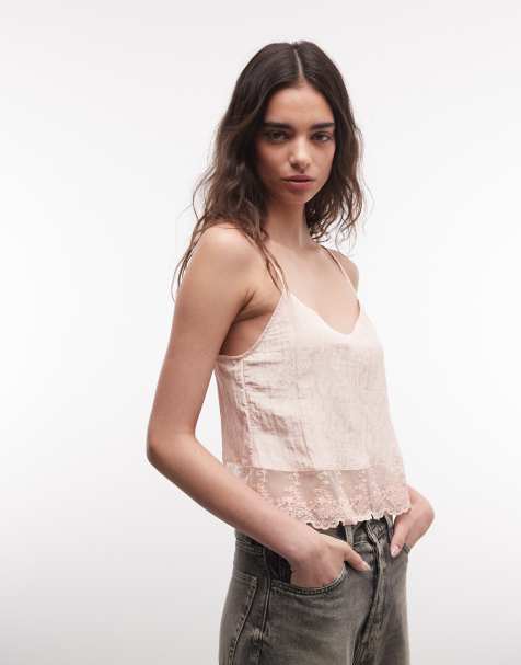 Monki – Persikorosa, strukturerad spetstopp i satin - view 1