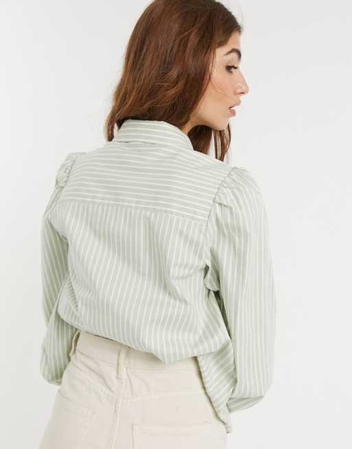 Monki - Phrida - Camicia con maniche a sbuffo in cotone verde a righe - MGREEN, 2 di 4