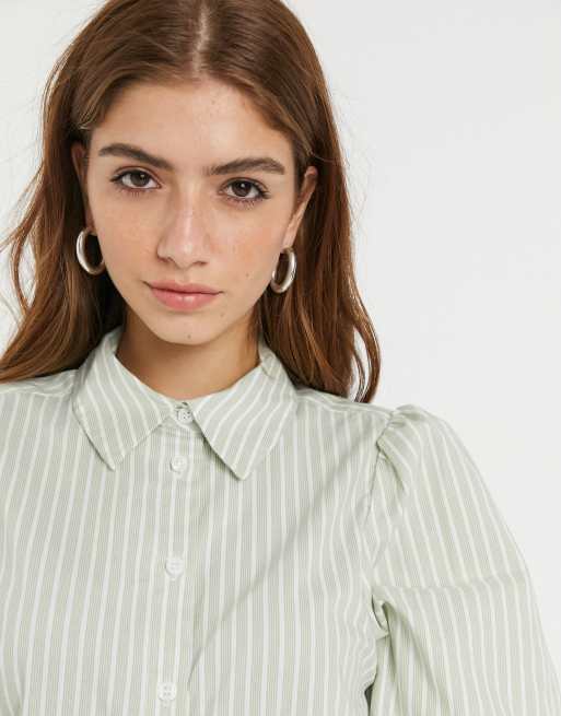 Monki Phrida camisa de algodón con mangas abullonadas en raya verde - MGREEN, 3 de 4