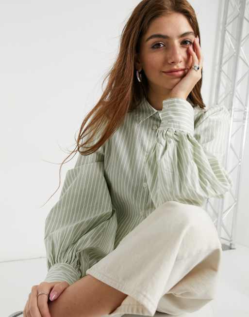 Monki Phrida camisa de algodón con mangas abullonadas en raya verde - MGREEN, 4 de 4
