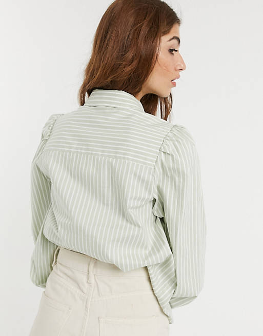 Tops Monki Phrida organic cotton puff sleeve shirt in green stripe 