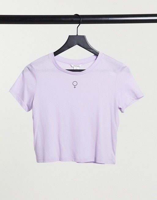 Monki Pia organic cotton motif cropped t-shirt in lilac