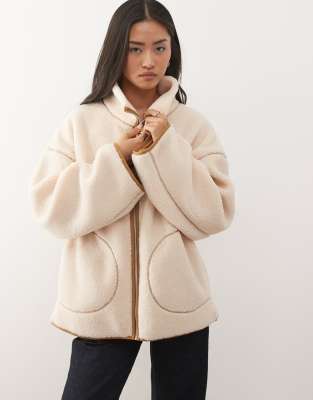 Monki pile jacket with seam detail in beige