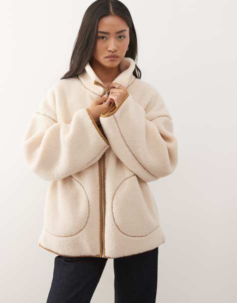 Monki pile jacket with seam detail in beige - view 1