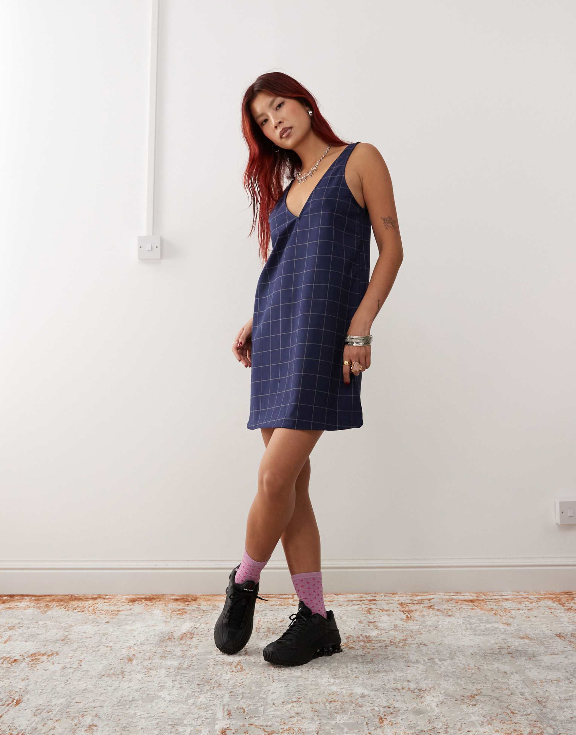 monki pinafore mini dress in navy check pinstripe