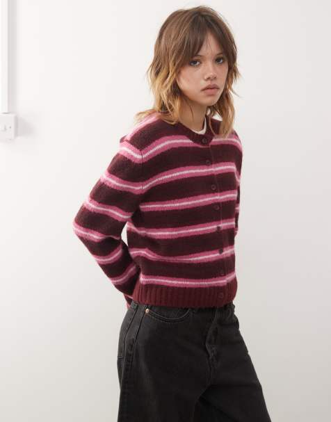 Monki - Pink cardigan med knapper foran og striber - view 1