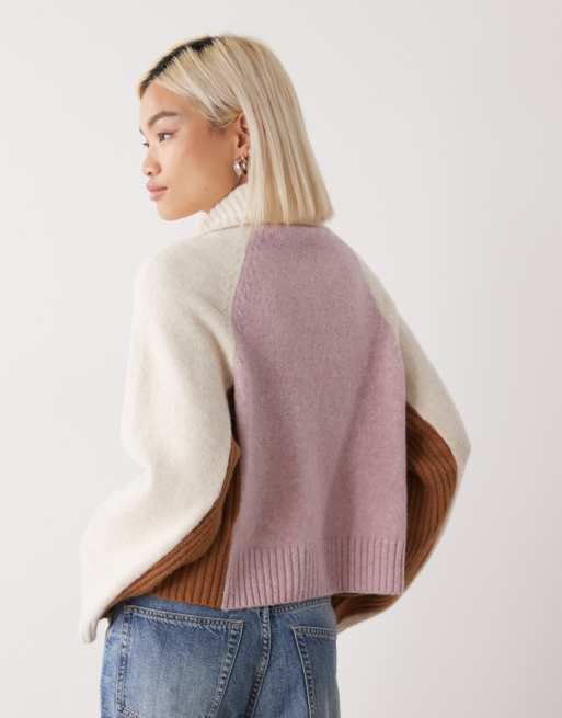 Monki - Pink og cremefarvet trøje med halv lynlås og farveblok, 4 af 4