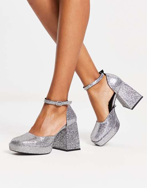 Monki platform square toe heel in silver glitter