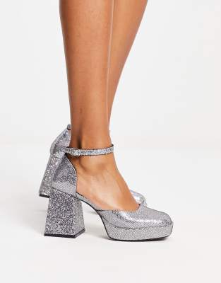 platform square toe heeled shoes in silver glitter