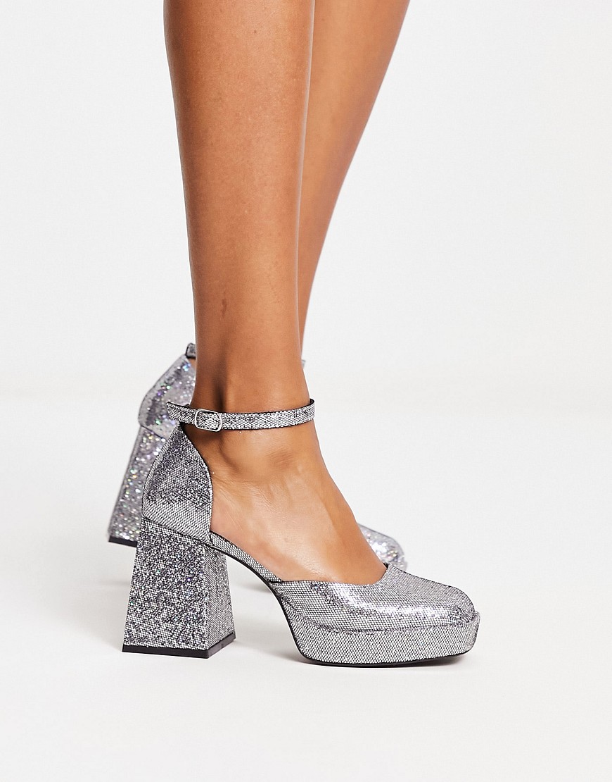 Monki platform square toe heeled shoes in silver glitter