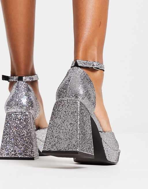 Monki platform square toe heeled shoes in silver glitter