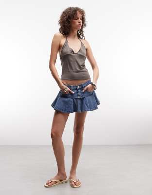 Monki Pleated Denim Mini Skirt In Blue