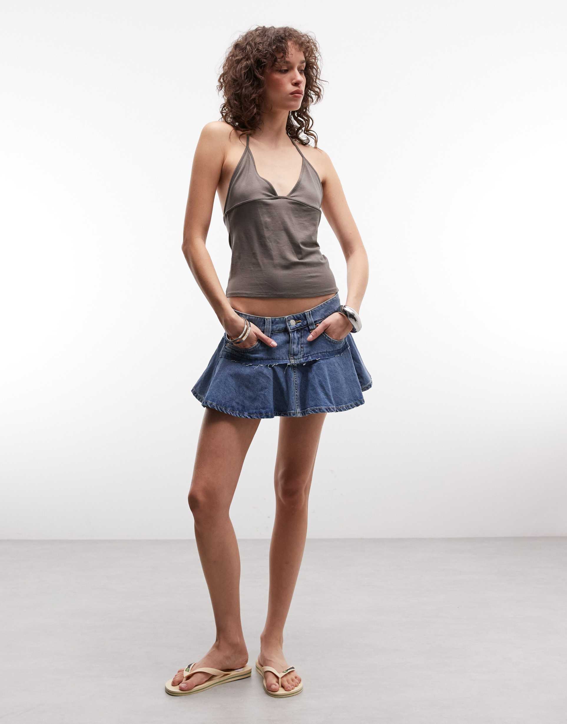 monki pleated denim mini skirt in blue