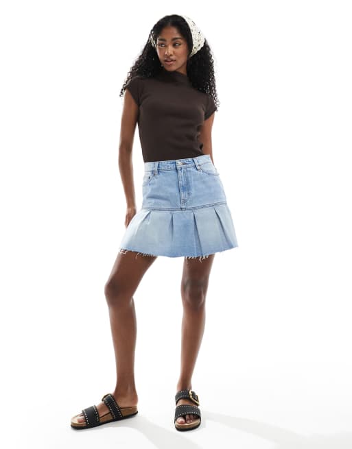 Monki pleated denim mini skirt in mid blue wash | ASOS
