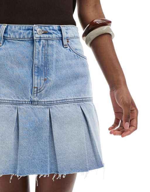 Monki pleated denim mini skirt in mid blue wash | ASOS