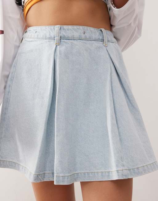 Monki pleated mini denim skirt in light blue wash ASOS