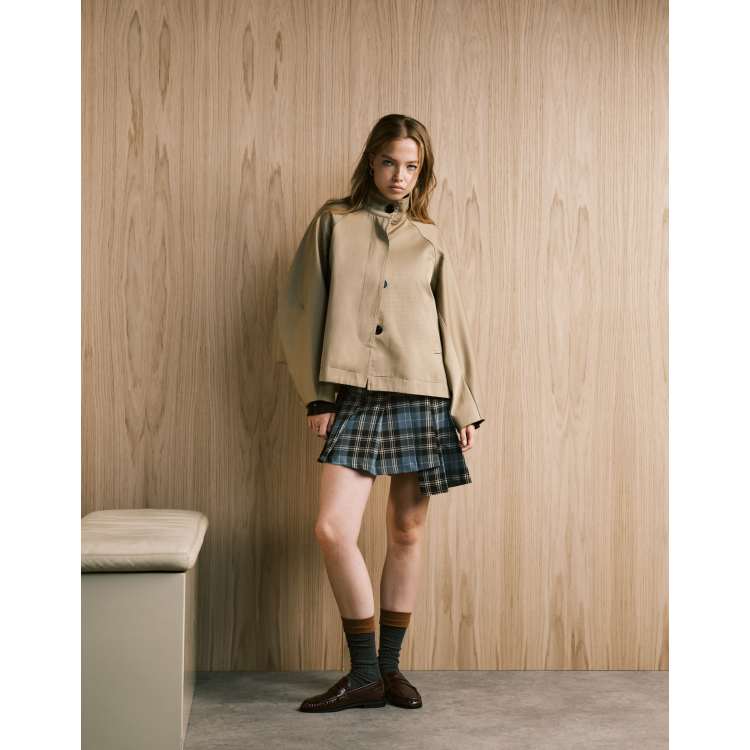 Monki pleated mini skirt with asymmetric hem in green check | ASOS