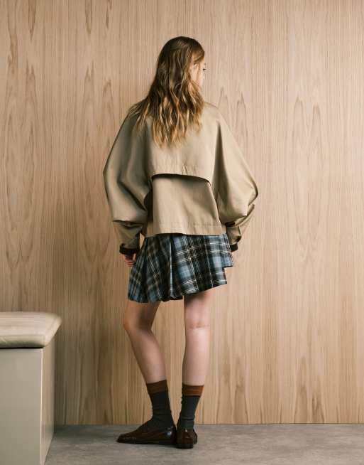 Monki pleated mini skirt with asymmetric hem in green check | ASOS