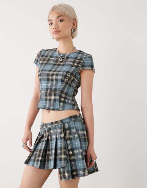 Monki pleated mini skirt with asymmetric hem in turquoise plaid