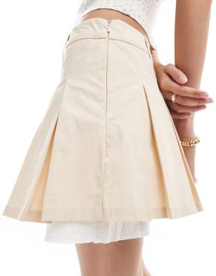 Monki Pleated Mini Skirt With White Layered Raw Hem Detail In Neutral