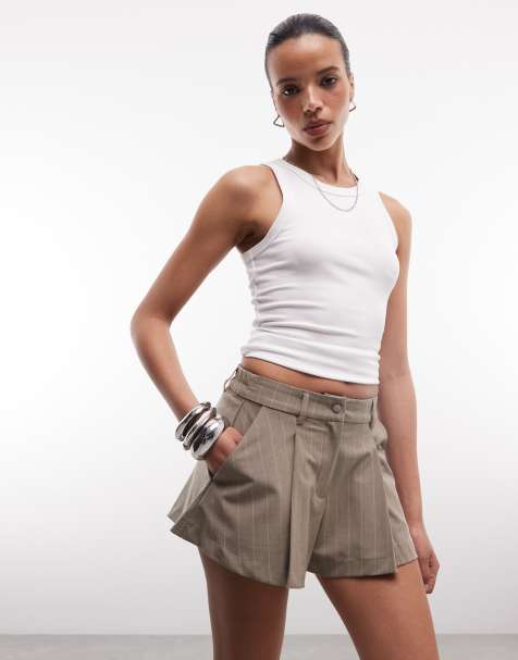 Monki pleated tailored shorts in beige pinstripe - view 1