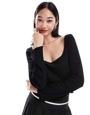 Monki pointelle long sleeve top with open neck in black