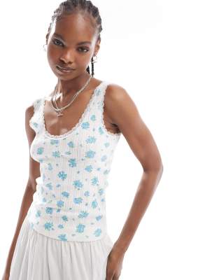 Monki Pointelle Scoop Neck Tank Top With Lace Trim In Off White And Blue Floral Print-multi