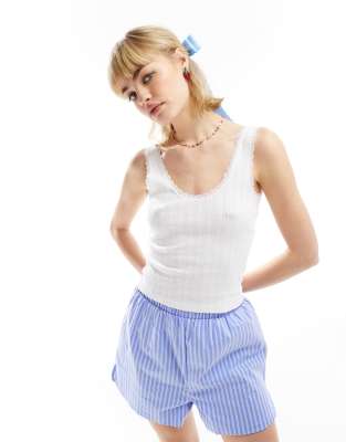 Monki Pointelle Scoop Neck Tank Top With Lace Trim In Off White