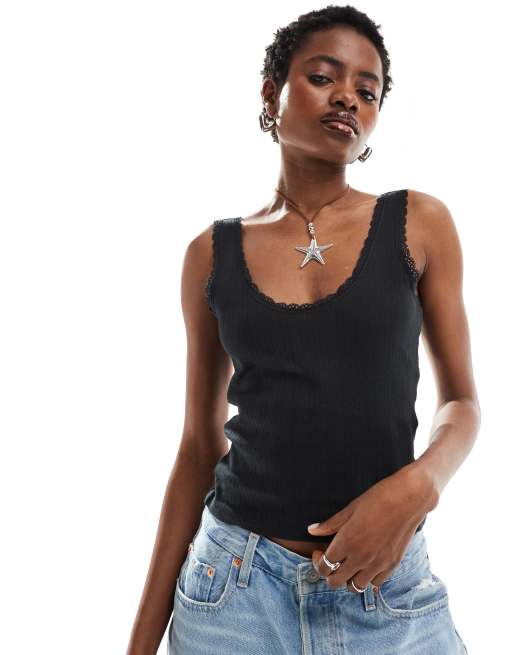 Monki pointelle scoop neck tank top with lace trim in washed black