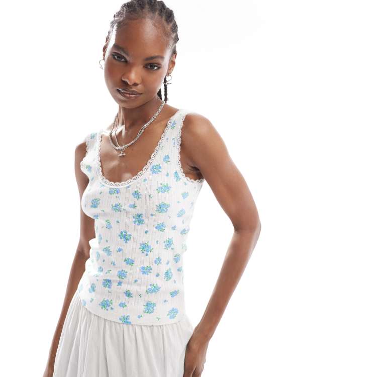 Monki pointelle scoop neck vest top with lace trim in off white