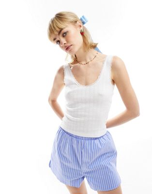 Monki pointelle scoop neck vest top with lace trim in off white