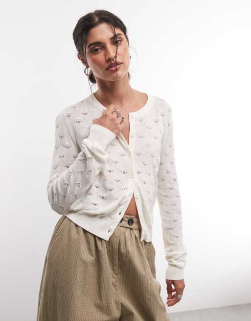 Monki Pointelle-Strickjacke in Weiß, 3 von 4