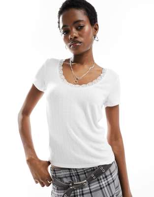 Monki Pointelle Top With Scoop Neck And Lace Trim In White